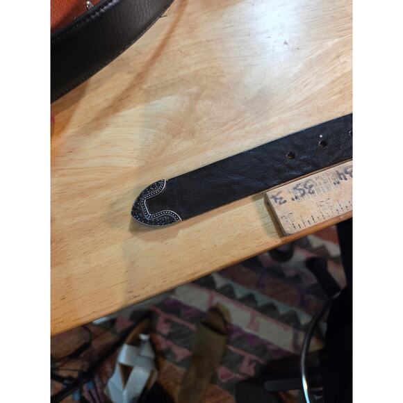 Landes Italian Black leather rhinestone belt silver buckle 39" Made In Canada - Picture 7 of 8